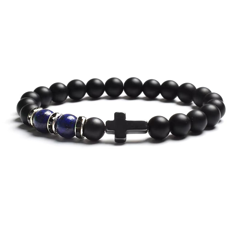 Beaded Bracelet Tiger Eye Black Matte Agate Elastic Unisex Cross