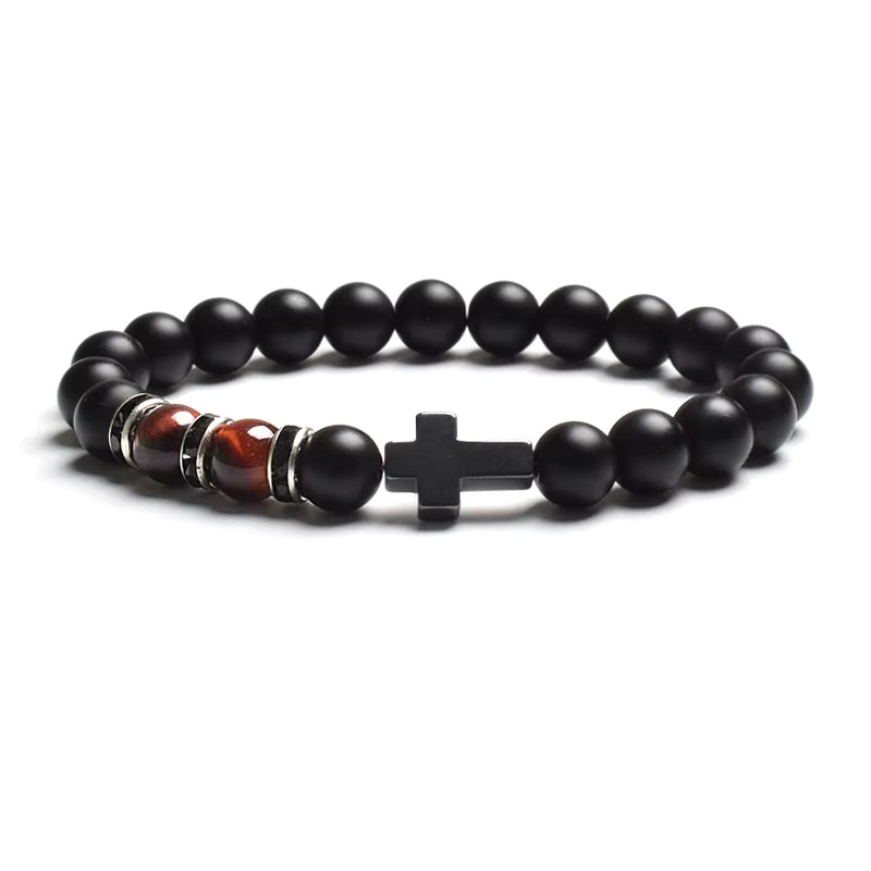 Beaded Bracelet Tiger Eye Black Matte Agate Elastic Unisex Cross