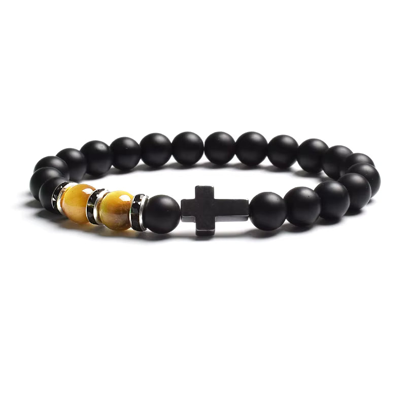 Beaded Bracelet Tiger Eye Black Matte Agate Elastic Unisex Cross