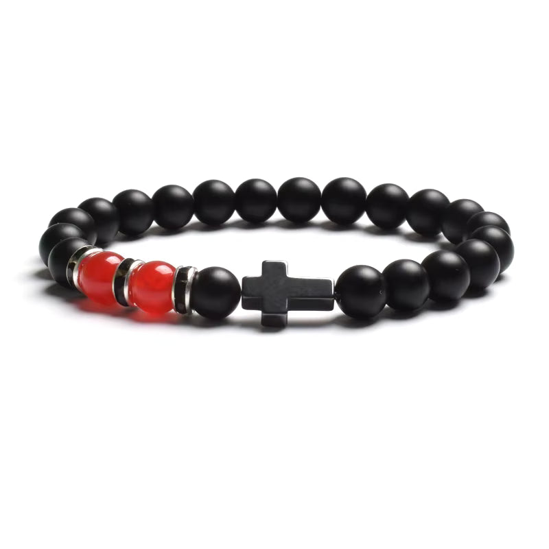 Beaded Bracelet Tiger Eye Black Matte Agate Elastic Unisex Cross