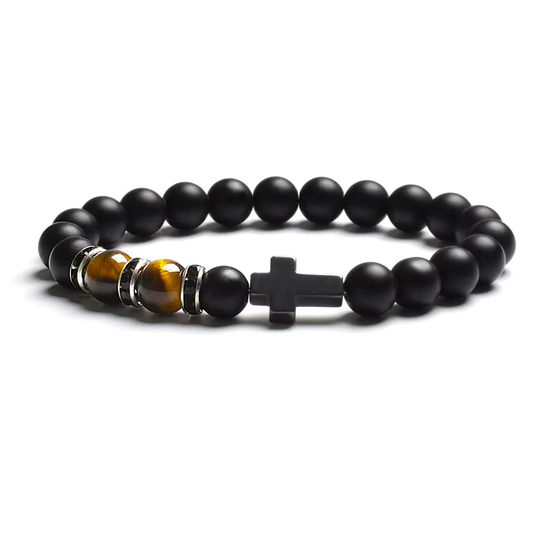 Beaded Bracelet Tiger Eye Black Matte Agate Elastic Unisex Cross
