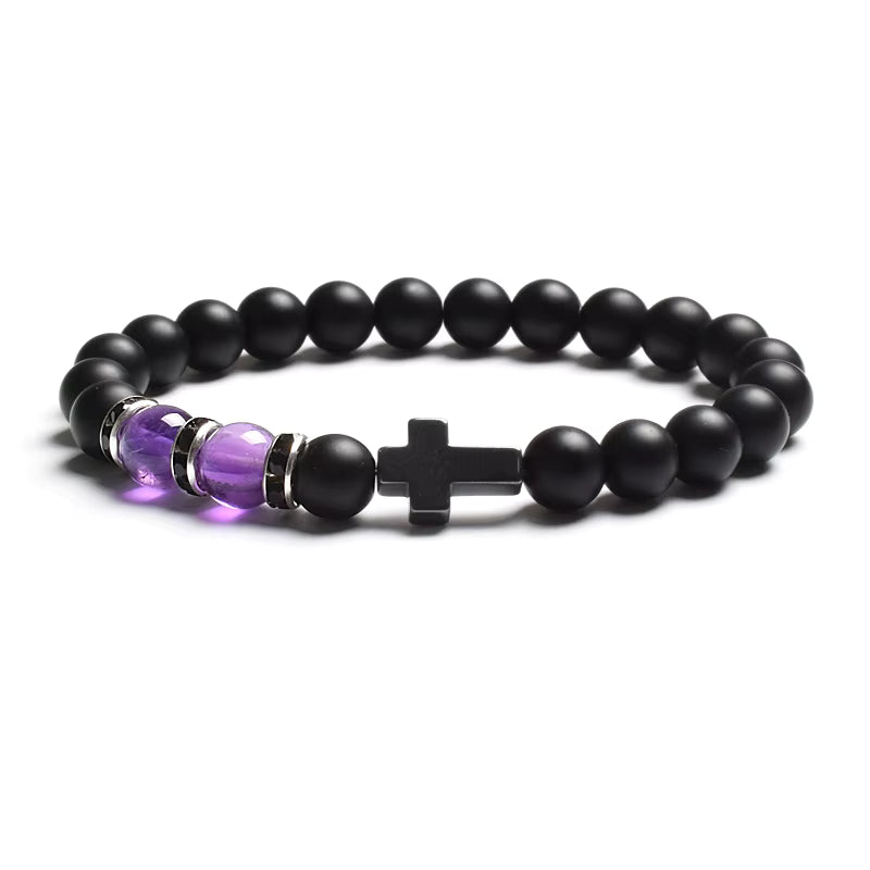 Beaded Bracelet Tiger Eye Black Matte Agate Elastic Unisex Cross