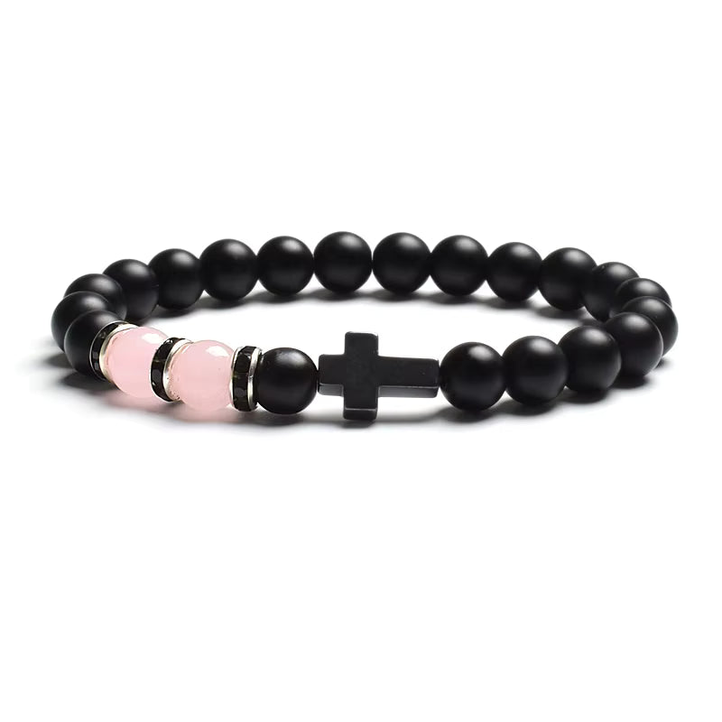 Beaded Bracelet Tiger Eye Black Matte Agate Elastic Unisex Cross