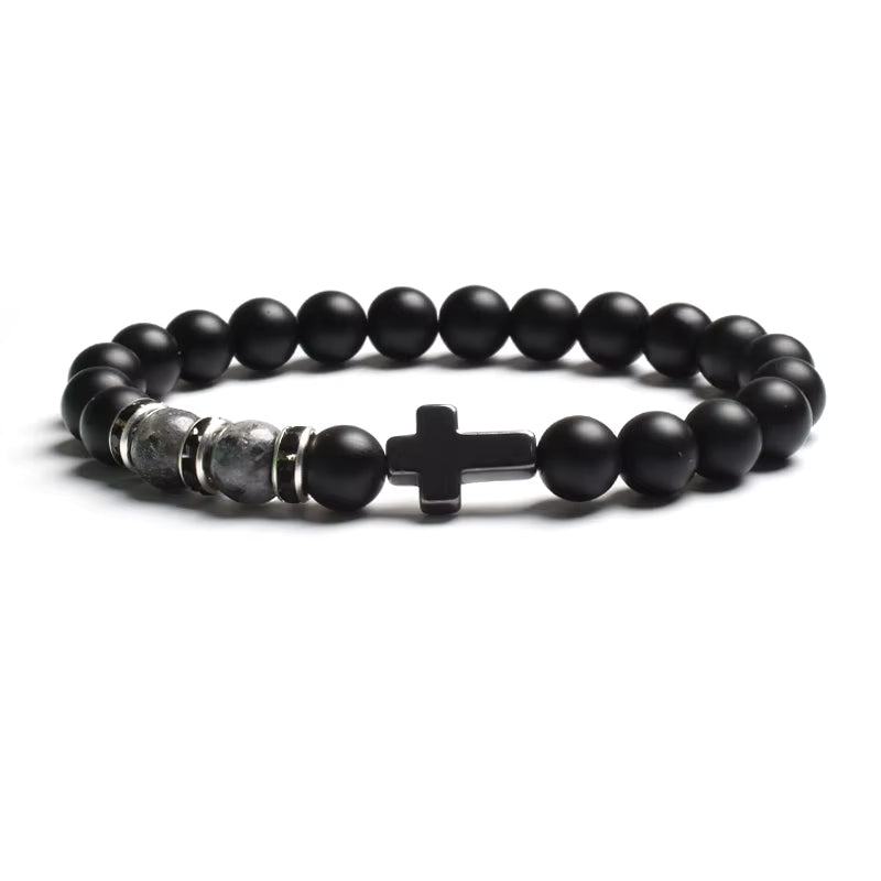 Beaded Bracelet Tiger Eye Black Matte Agate Elastic Unisex Cross