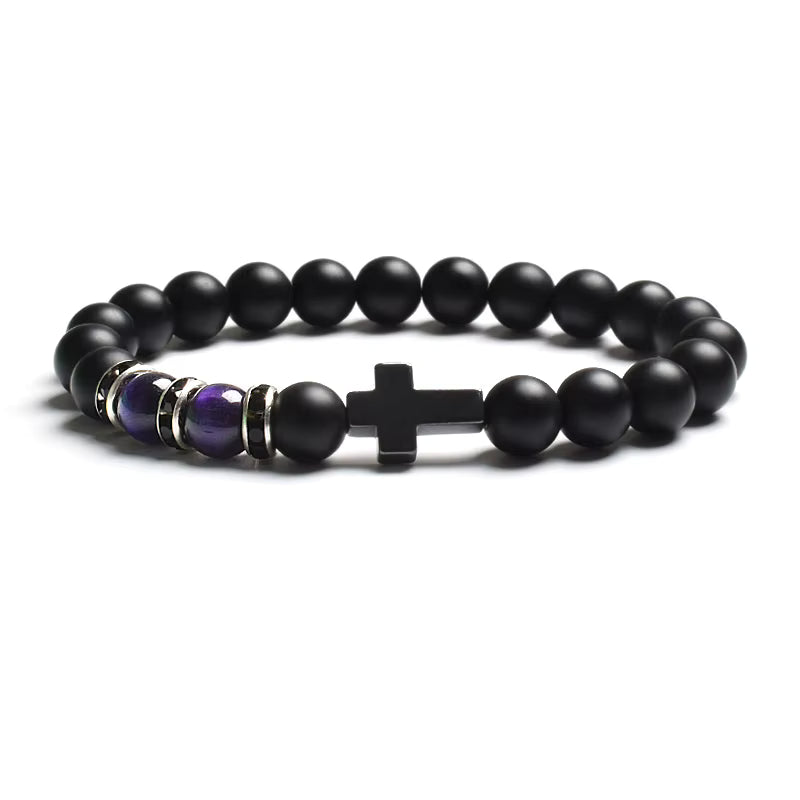 Beaded Bracelet Tiger Eye Black Matte Agate Elastic Unisex Cross