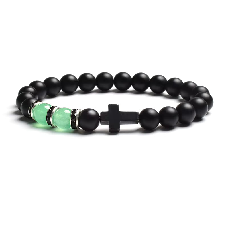 Beaded Bracelet Tiger Eye Black Matte Agate Elastic Unisex Cross