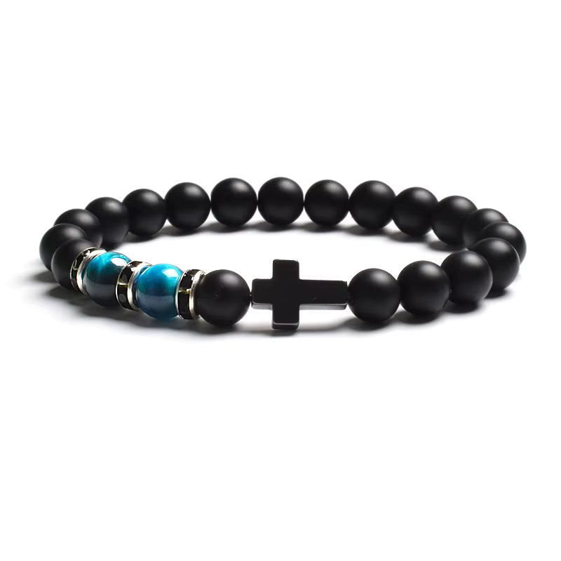 Beaded Bracelet Tiger Eye Black Matte Agate Elastic Unisex Cross