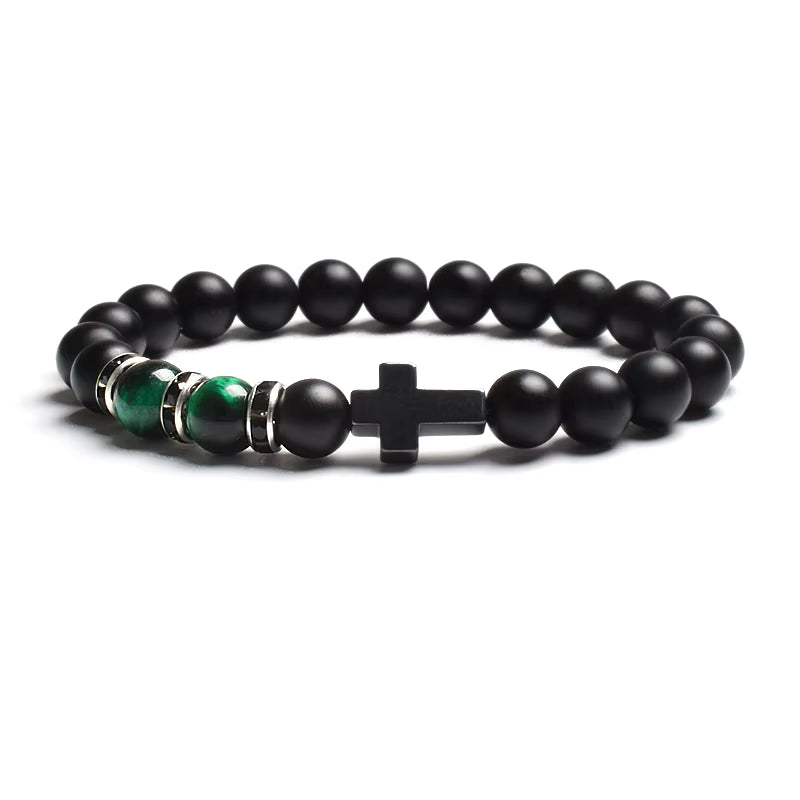 Beaded Bracelet Tiger Eye Black Matte Agate Elastic Unisex Cross