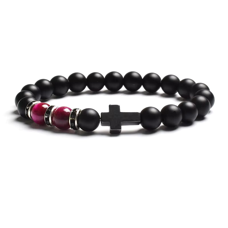 Beaded Bracelet Tiger Eye Black Matte Agate Elastic Unisex Cross