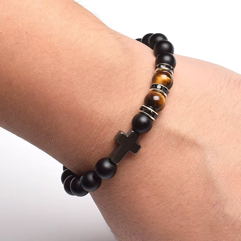 Beaded Bracelet Tiger Eye Black Matte Agate Elastic Unisex Cross