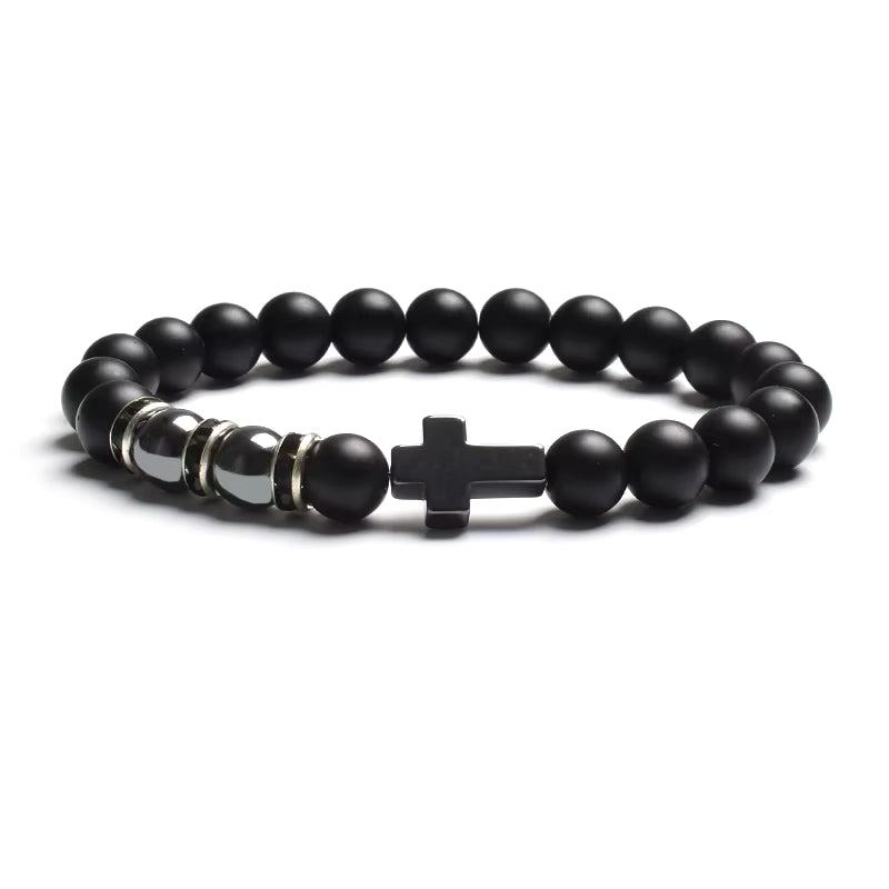 Beaded Bracelet Tiger Eye Black Matte Agate Elastic Unisex Cross