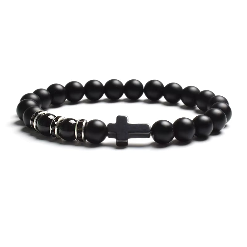 Beaded Bracelet Tiger Eye Black Matte Agate Elastic Unisex Cross