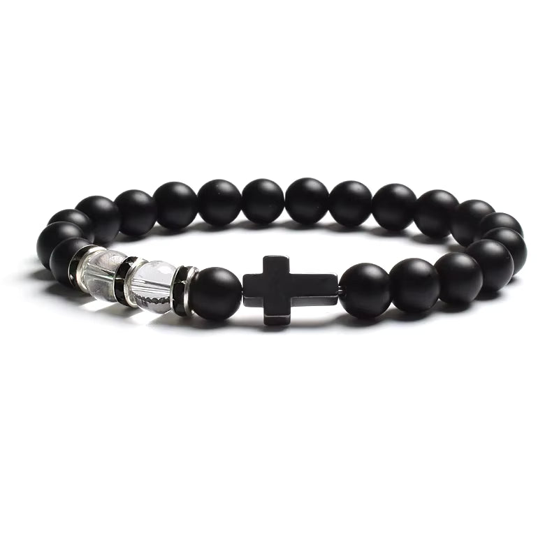 Beaded Bracelet Tiger Eye Black Matte Agate Elastic Unisex Cross