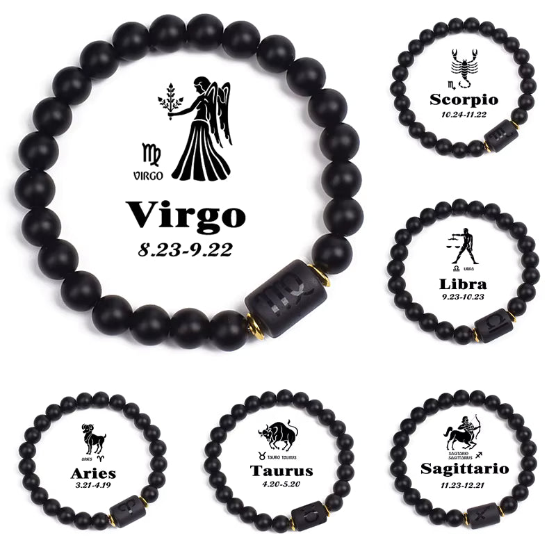 Beaded Bracelet Zodiac Constellation Black Lava Stone Elastic Unisex