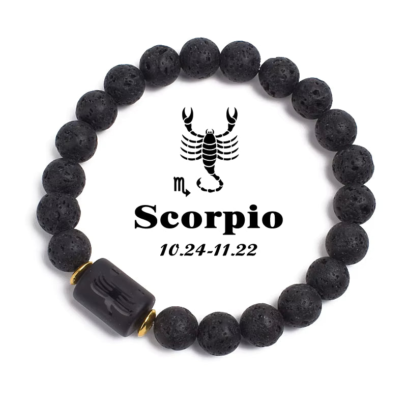 Beaded Bracelet Zodiac Constellation Black Lava Stone Elastic Unisex