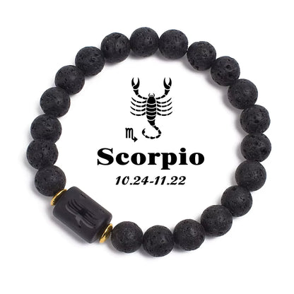 Beaded Bracelet Zodiac Constellation Black Lava Stone Elastic Unisex