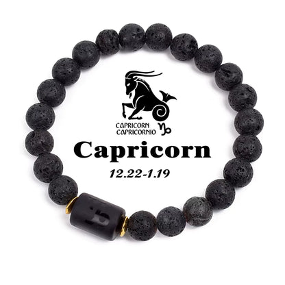 Beaded Bracelet Zodiac Constellation Black Lava Stone Elastic Unisex