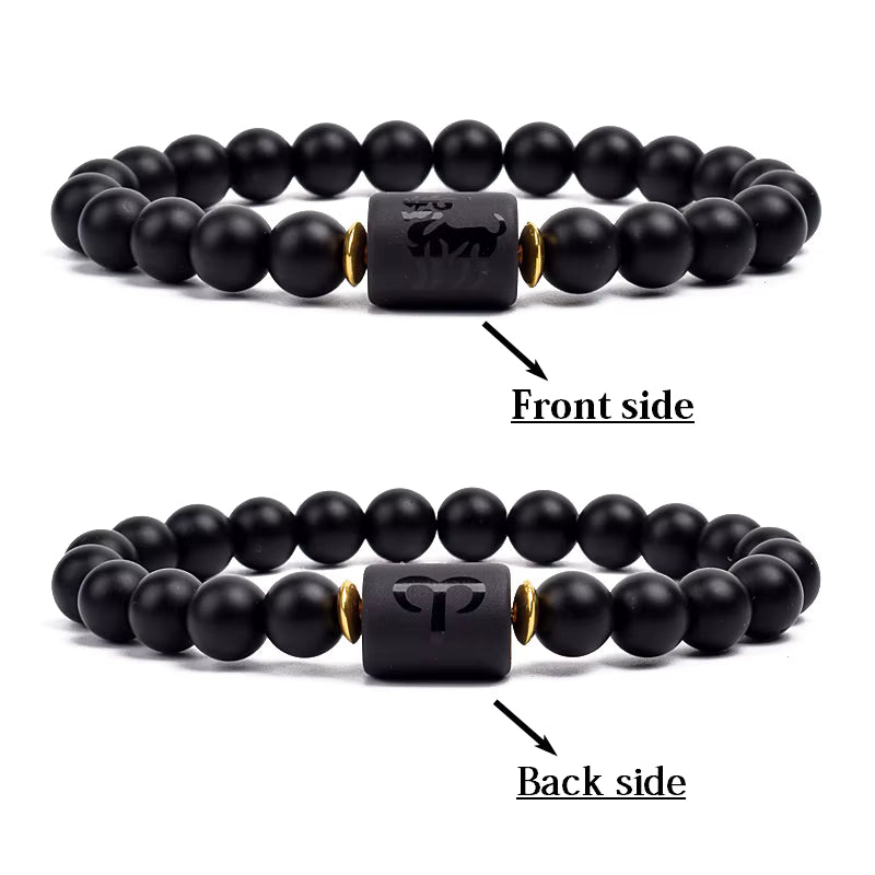 Beaded Bracelet Zodiac Constellation Black Lava Stone Elastic Unisex