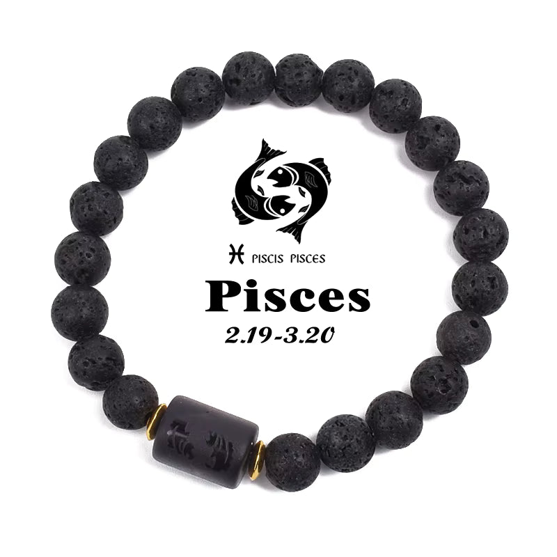 Beaded Bracelet Zodiac Constellation Black Lava Stone Elastic Unisex