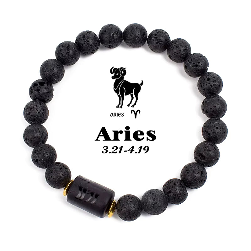 Beaded Bracelet Zodiac Constellation Black Lava Stone Elastic Unisex