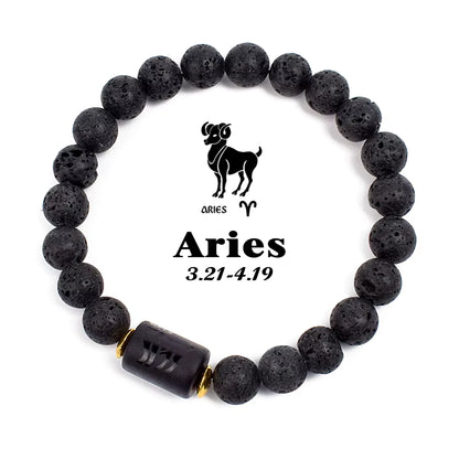 Beaded Bracelet Zodiac Constellation Black Lava Stone Elastic Unisex
