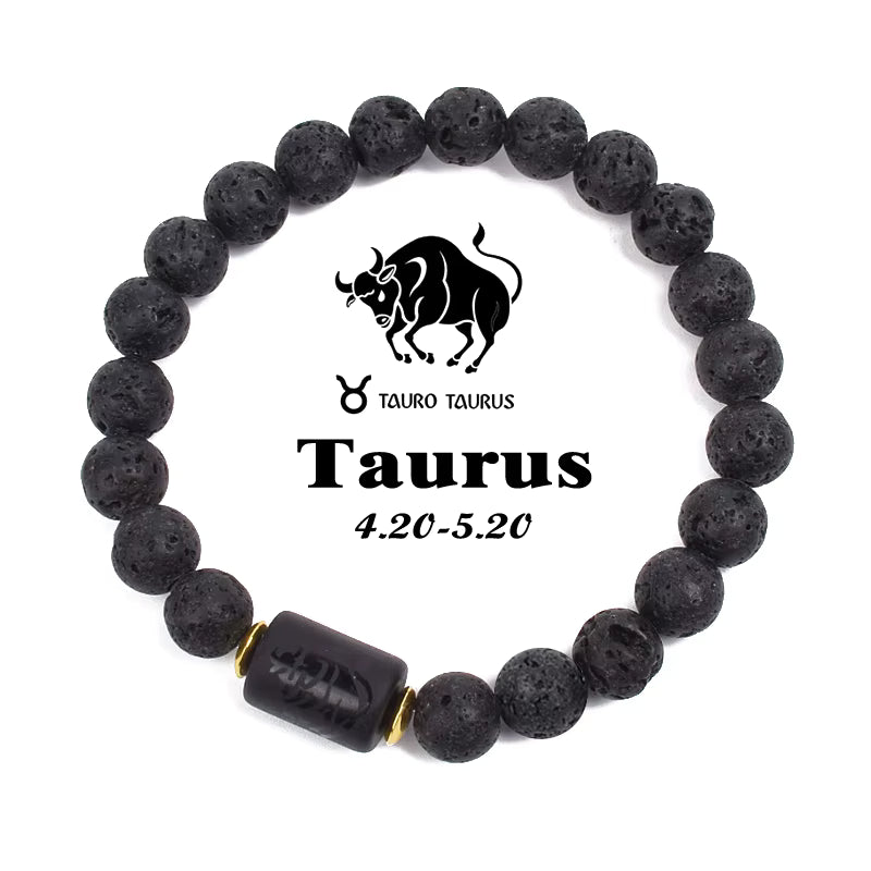 Beaded Bracelet Zodiac Constellation Black Lava Stone Elastic Unisex