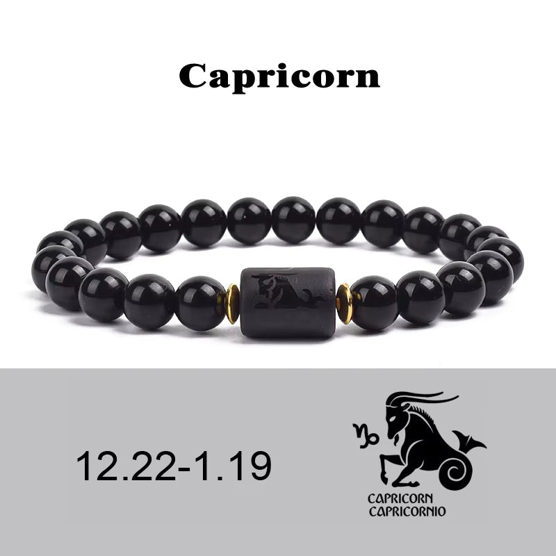 Beaded Bracelet Zodiac Constellation Black Lava Stone Elastic Unisex