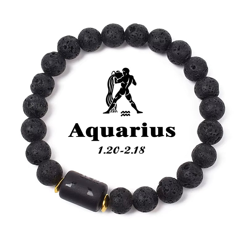 Beaded Bracelet Zodiac Constellation Black Lava Stone Elastic Unisex
