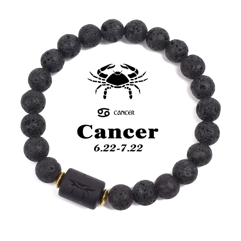 Beaded Bracelet Zodiac Constellation Black Lava Stone Elastic Unisex