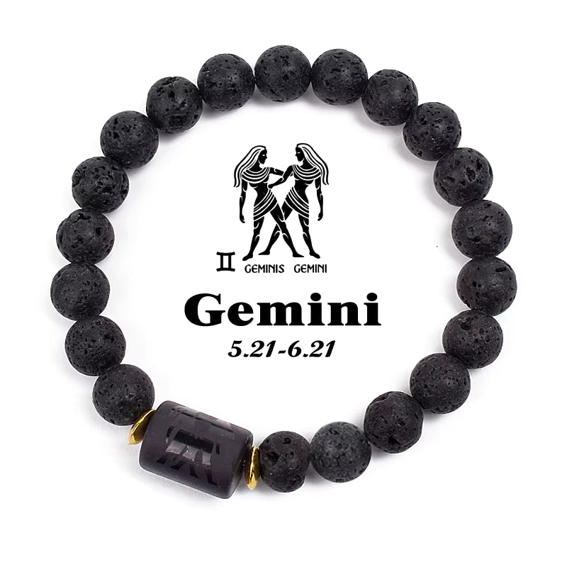 Beaded Bracelet Zodiac Constellation Black Lava Stone Elastic Unisex