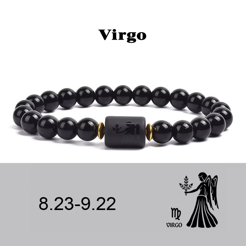 Beaded Bracelet Zodiac Constellation Black Lava Stone Elastic Unisex