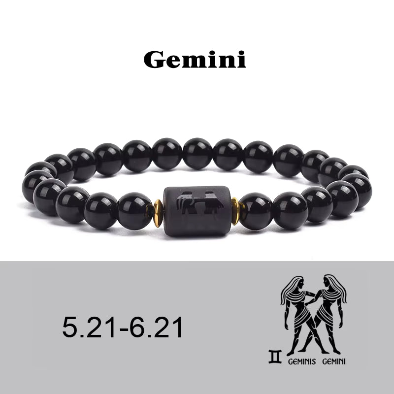 Beaded Bracelet Zodiac Constellation Black Lava Stone Elastic Unisex