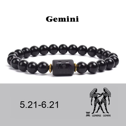 Beaded Bracelet Zodiac Constellation Black Lava Stone Elastic Unisex
