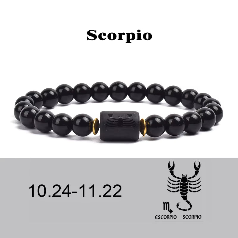 Beaded Bracelet Zodiac Constellation Black Lava Stone Elastic Unisex