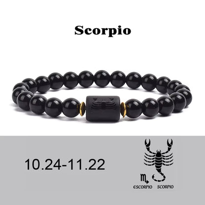 Beaded Bracelet Zodiac Constellation Black Lava Stone Elastic Unisex