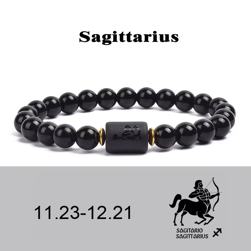 Beaded Bracelet Zodiac Constellation Black Lava Stone Elastic Unisex