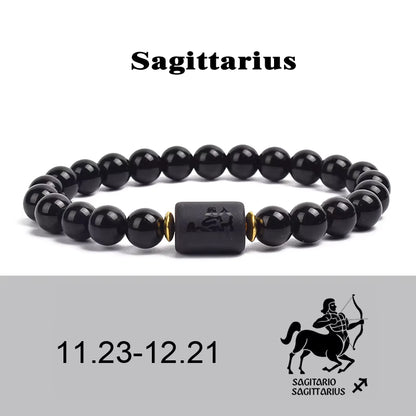 Beaded Bracelet Zodiac Constellation Black Lava Stone Elastic Unisex