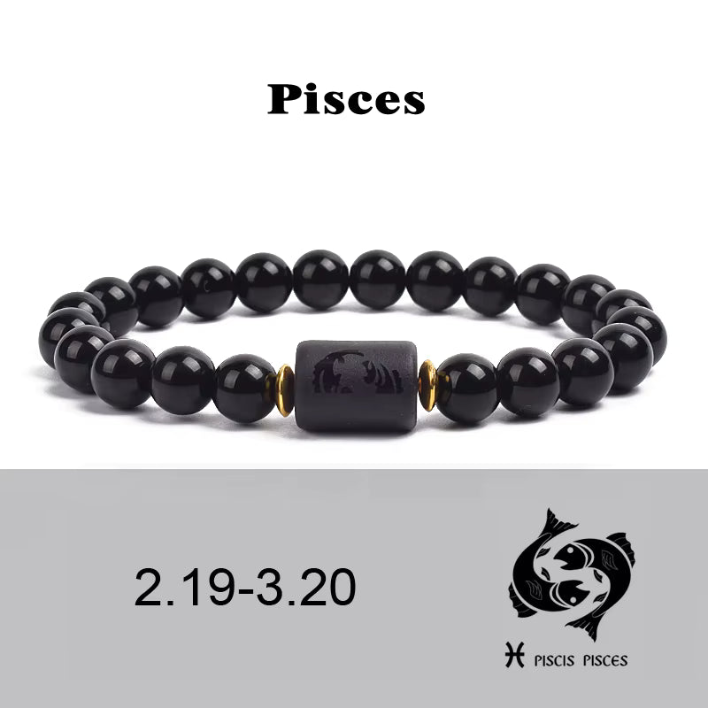 Beaded Bracelet Zodiac Constellation Black Lava Stone Elastic Unisex