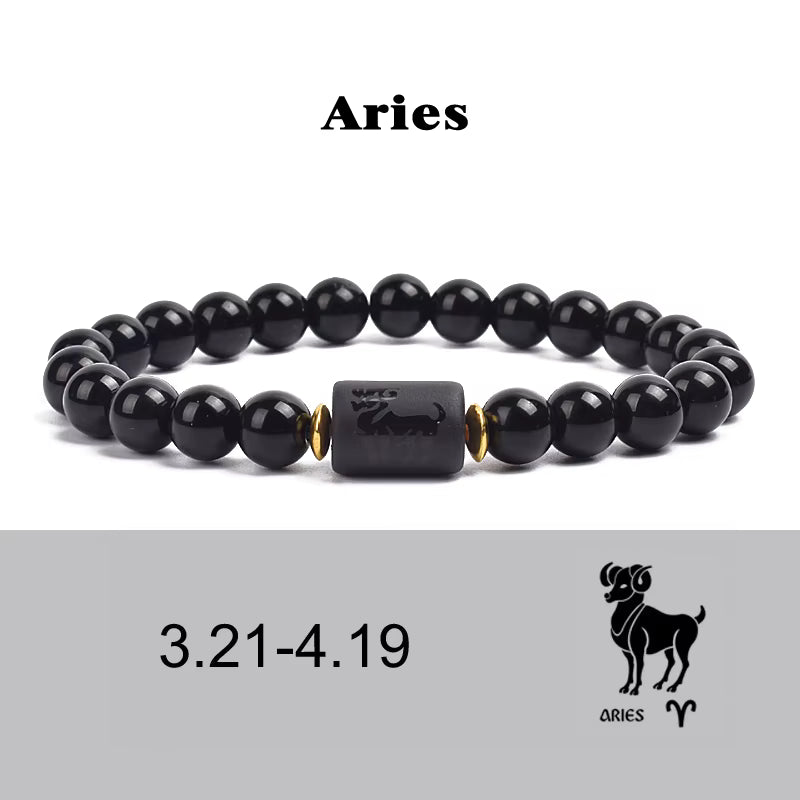 Beaded Bracelet Zodiac Constellation Black Lava Stone Elastic Unisex