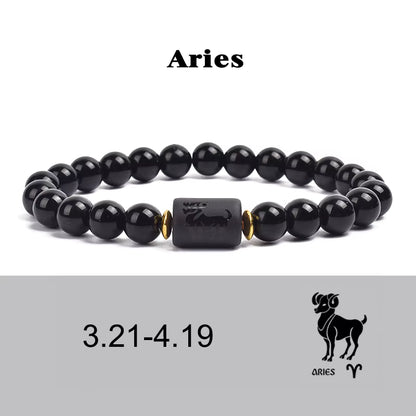 Beaded Bracelet Zodiac Constellation Black Lava Stone Elastic Unisex