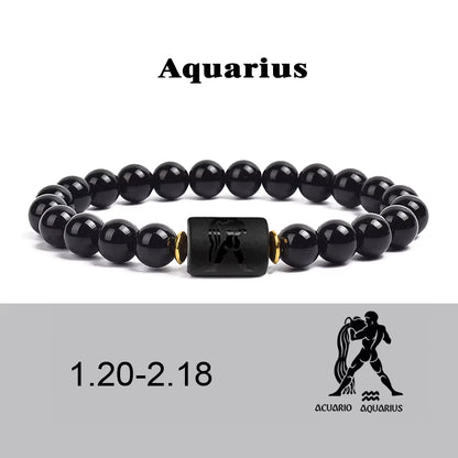 Beaded Bracelet Zodiac Constellation Black Lava Stone Elastic Unisex