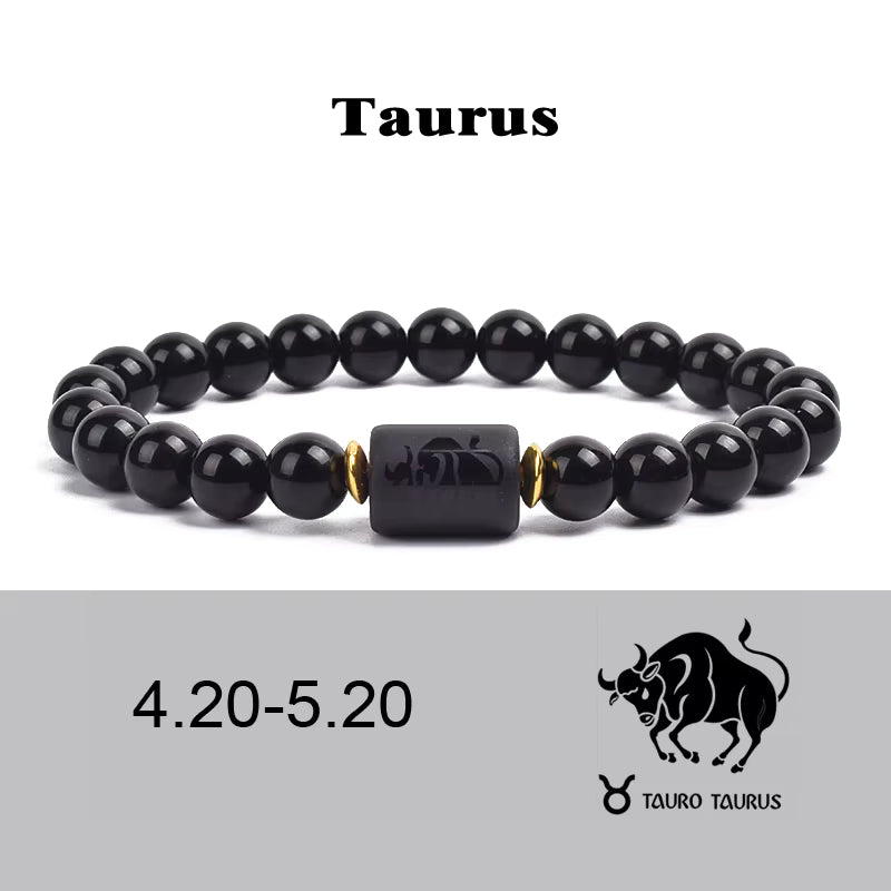 Beaded Bracelet Zodiac Constellation Black Lava Stone Elastic Unisex