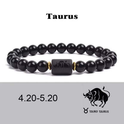 Beaded Bracelet Zodiac Constellation Black Lava Stone Elastic Unisex