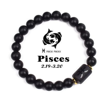 Beaded Bracelet Zodiac Constellation Black Lava Stone Elastic Unisex
