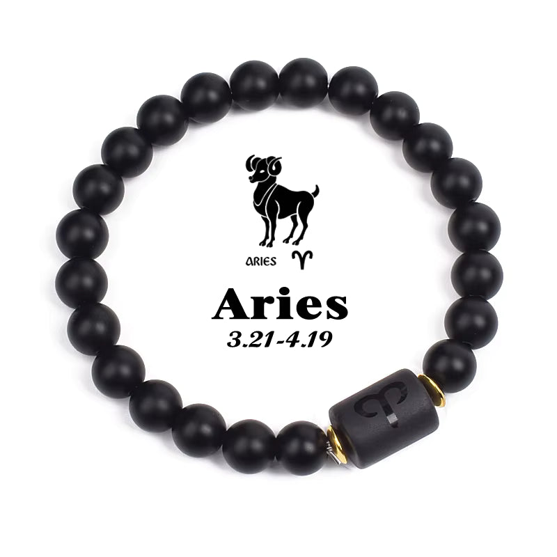 Beaded Bracelet Zodiac Constellation Black Lava Stone Elastic Unisex