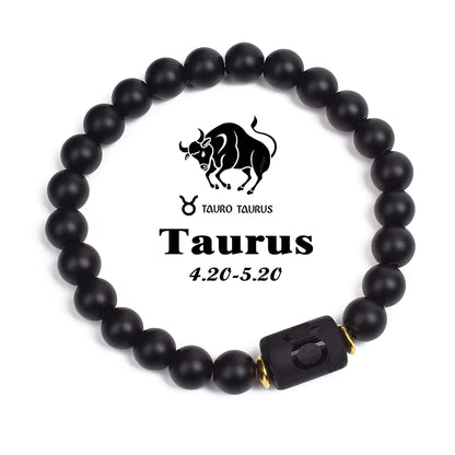 Beaded Bracelet Zodiac Constellation Black Lava Stone Elastic Unisex