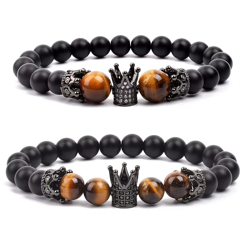 Beaded Stretch Bracelet Black Matte Onyx Tiger Eye 8mm Crown Charm
