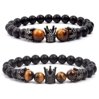 Beaded Stretch Bracelet Black Matte Onyx Tiger Eye 8mm Crown Charm
