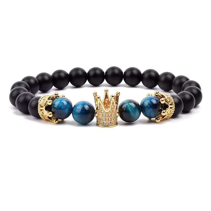 Beaded Stretch Bracelet Black Matte Onyx Tiger Eye 8mm Crown Charm