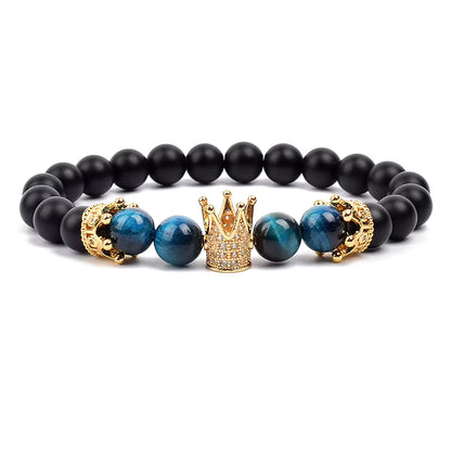 Beaded Stretch Bracelet Black Matte Onyx Tiger Eye 8mm Crown Charm